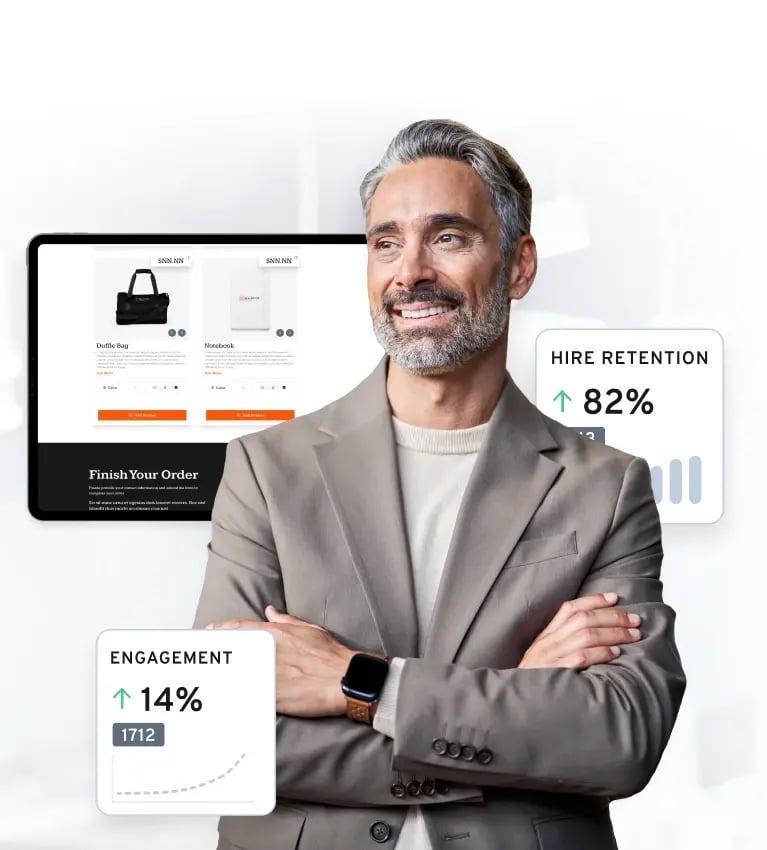 A professional man in a suit stands confidently with crossed arms, alongside digital screens displaying product and performance metrics.