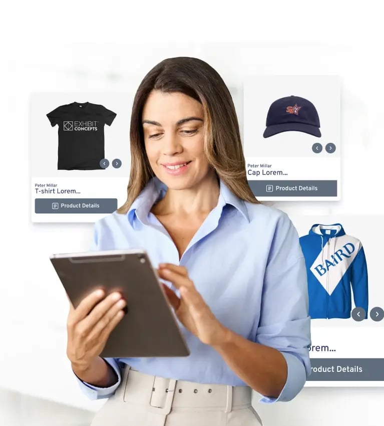 A woman interacts with a tablet, exploring a diverse selection of items displayed on the screen.